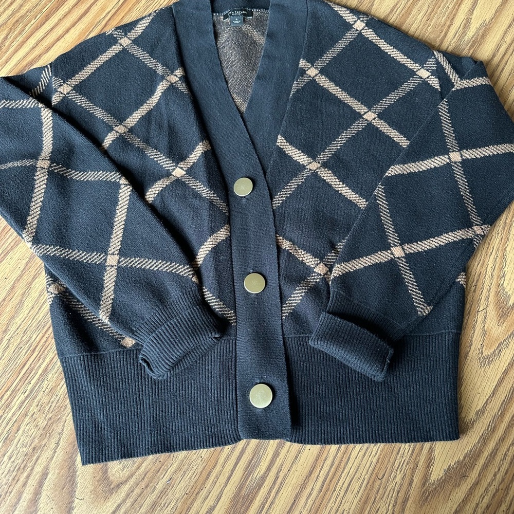 Ann Taylor Factory Black and Brown Plaid Cardigan